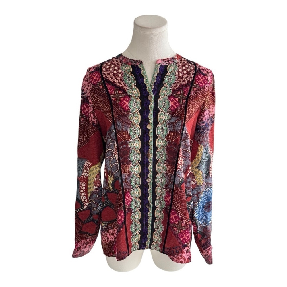 CITRON 100% Silk Multicolor Patterned Top Shirt Blouse Size XS Long‎ Sleeve Work